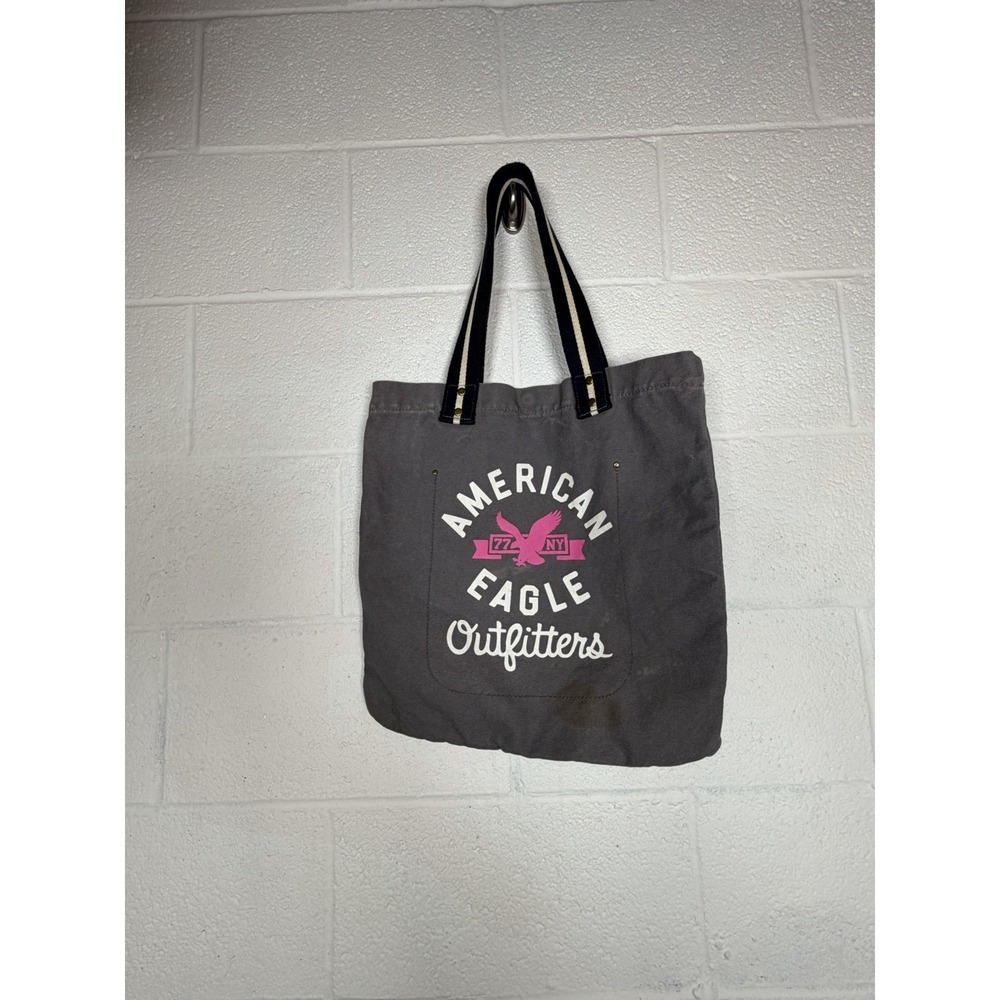 American Eagle Gray Canvas Tote Bag Pink Logo Mall Core 15x15 – Stains